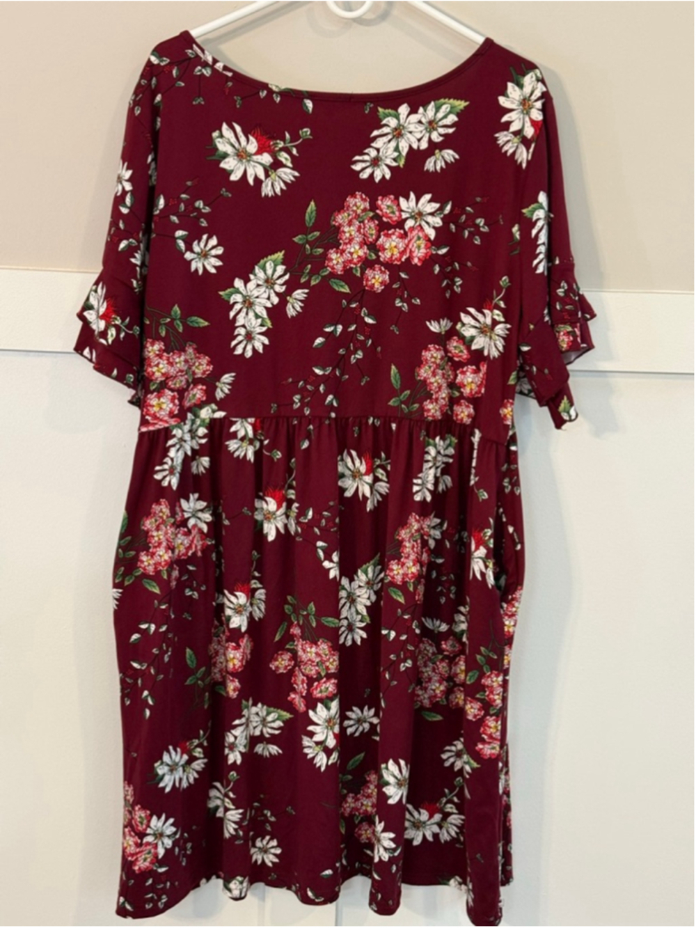 Tralilbee 2X Burgundy Floral Babydoll Dress Ruffle Sleeve Plus Size - Picture 2 of 4